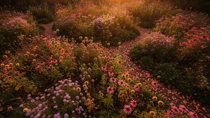 Obraz premium Enchanting garden path winding through a vibrant field of colorful wildflowers, bathed in the warm glow of evening sunset for serene nature experience.