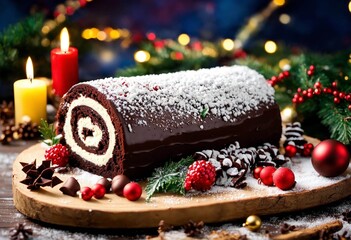 B&ucirc;che de No&euml;l au chocolat sur une table