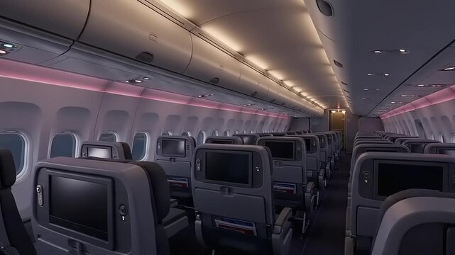 Interior view of an airplane cabin with passenger seats and screens.