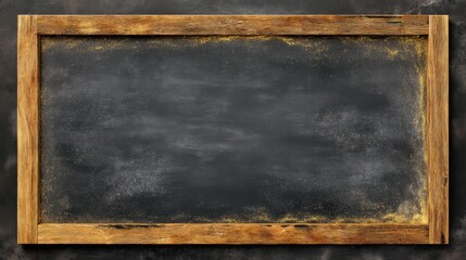 A blackboard is displayed with a wooden frame. The surface is clean and empty suitable for teaching or note taking in a school environment at any time of the day.