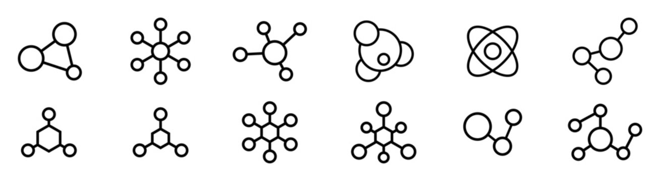 Collection of molecule outline icons. Chemical structure, atom icons set.