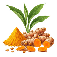 Turmeric Roots Powder and Leaves with Seeds rhizome isolated on a transparent background