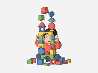 Child Building Tower with Colored Blocks.