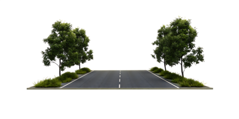 Asphalt road with white lines and trees isolated on a transparent background street