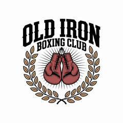 Old Iron Boxing Club laurel badge with gloves and radiant burst, classic fight sport logo vector for gym branding, events, posters and vintage apparel