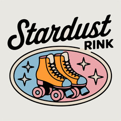 Stardust Rink retro roller‑skating logo with colorful quad skates and stars, playful vintage emblem; fun recreation brand vector for parties, rinks and apparel