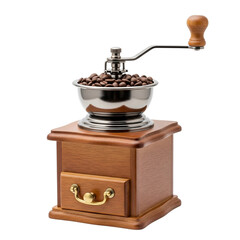 Vintage Manual Coffee Grinder with Coffee Beans Keywords: coffee grinder, manual grinder isolated on a transparent background