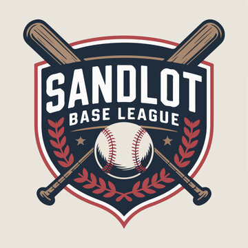Sandlot Base League baseball crest with crossed bats, laurel and stitched ball, vintage sports club emblem vector for teams, tournaments and apparel branding