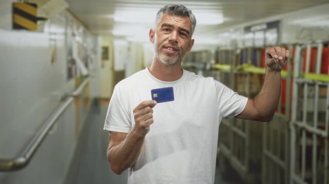 Man holding creditcard in a narrow building corridor, shows card up with hand while wearing white tshirt; financial worry.