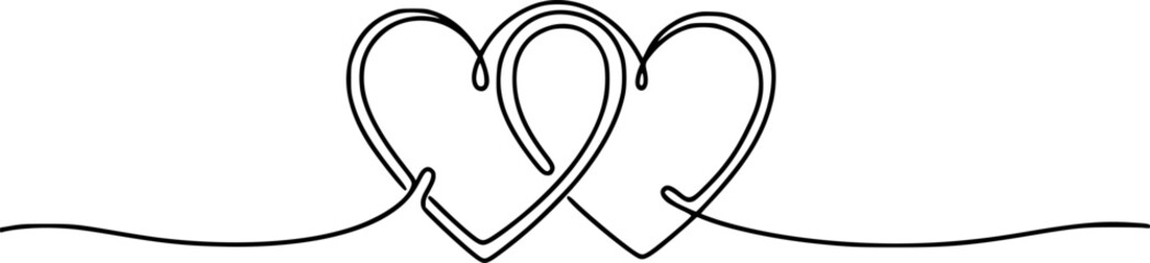 Obraz premium Two intertwined heart outlines, drawn with one continuous line. Symbol of love, relationships, wedding, and romantic attachment. Vector illustration. 