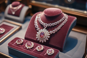 luxury necklace on a stand in   window