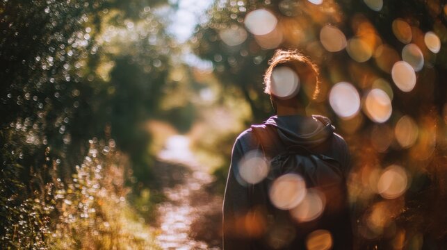 A person walks on a narrow forest path with sunlight shining through the trees. Sparkling lights fill the air. The scene shows the beauty of nature during a sunny afternoon.