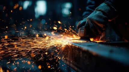 A worker uses a tool to shape metal in a workshop. Sparks fly as the tool connects with the surface. The space is dimly lit emphasizing the activity and focus of the worker.