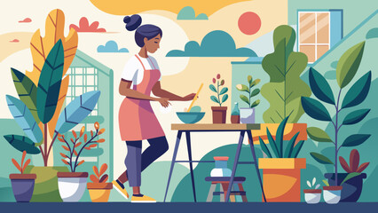 Organic-flow hobby scene with plants and art in a calm minimalist style