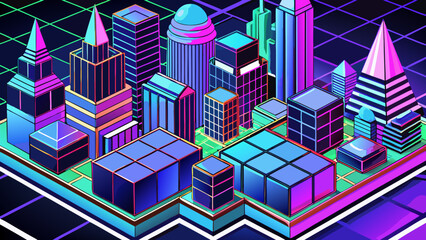 Retro-futurist neon cityscape in isometric vectors with chrome accents
