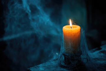 a burning candle covered in cobwebs on a gloomy dark background