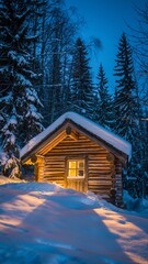 Wooden cabin in the middle of a snowy forest