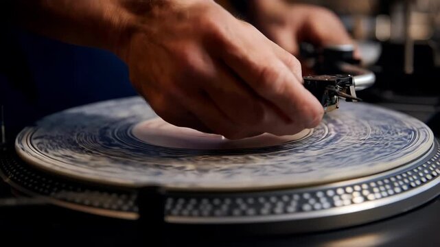 Medium shot capturing the intricate pressing of limited edition vinyl focusing on unique designs and special packaging elements.