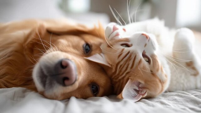Golden retriever and orange tabby cat cuddling peacefully at home