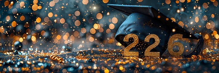 Panoramic celebratory graduation cap and year 2026 with bokeh lights