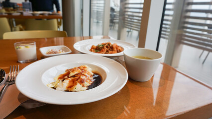 Dining Room Buffet aboard the abstract luxury cruise ship. Healthy breakfast at modern liner concept