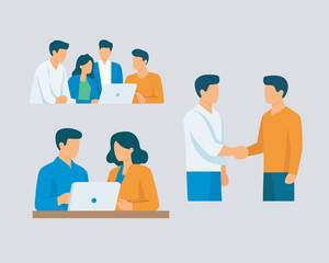 Business collaboration: Illustration depicting teamwork, collaboration, and partnership. Showcasing people working on laptops and shaking hands to build a concept of teamwork 