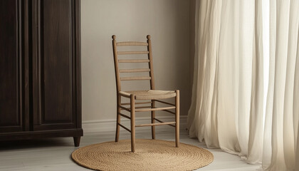 A light wooden chair with woven seat sits near tall dark cabinet. Sheer curtains frame window, letting in soft daylight. Floor features