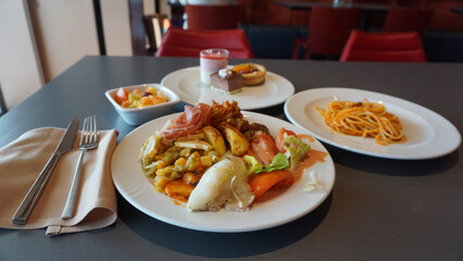 Dining Room Buffet aboard the abstract luxury cruise ship. Healthy breakfast at modern liner concept