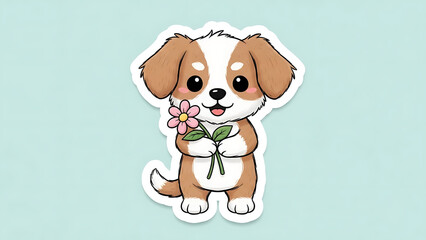 Fototapeta premium Cute brown and white puppy holding a pink flower isolated on a transparent background