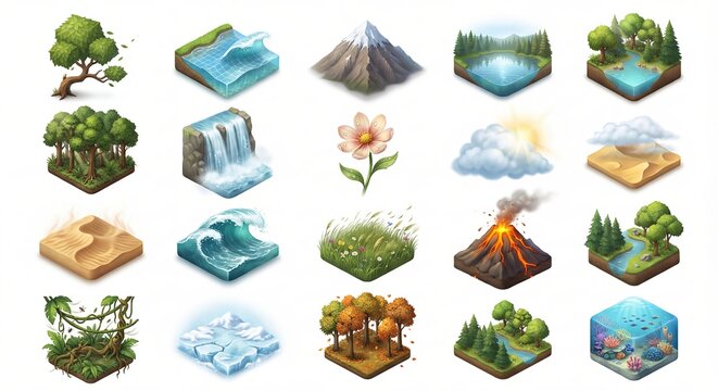 Isometric natural landscape and weather icons set on white background for game or app design