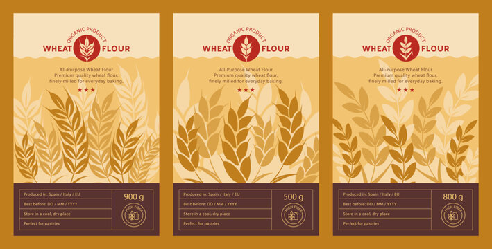 Wheat Packaging Design. Product Label Set with Ear of Wheat Illustrations and Logo Design