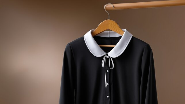 Black blouse with white peter pan collar on wooden hanger