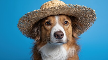 Adorable brown and white dog wearing straw hat against blue background