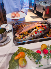 Dining Room Buffet aboard the abstract luxury cruise ship. Healthy breakfast at modern liner concept
