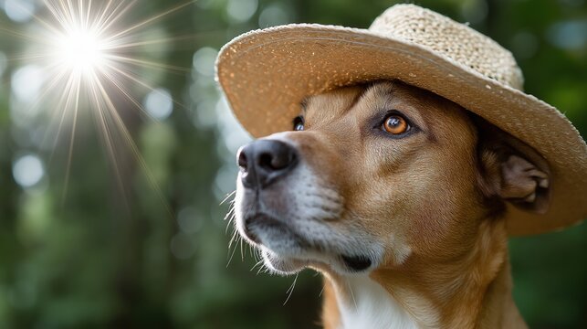Dog with straw hat in sunlit forest