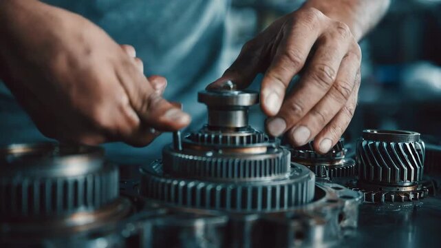 Closeup of maintenance expert adjusting hybrid powertrain parts during routine servicing to maintain emission standards and vehicle efficiency.