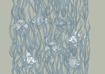 Seamless aquarium pattern with ornamental fish swimming among wavy green seaweed. Vector decorative design for textile and wallpaper, repeating tileable background tropical fish, detailed foliage