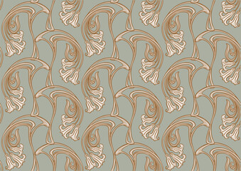 Decorative flowers and leaves in art nouveau style, vintage, old, retro style. Seamless pattern, background. Vector illustration. In art nouveau style, vintage, old, retro style.