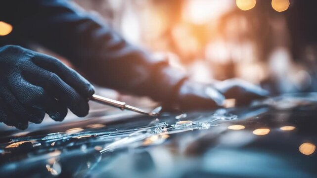 Mechanic applying adhesive and sealing materials around the cars windshield to guarantee durability and weather resistance during the auto glass replacement process.