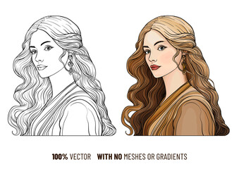 Art nouveau style portrait of the same woman in outline and colored version. Ideal for coloring books, vintage posters, or packaging. 100 percent vector, no gradients or mesh.