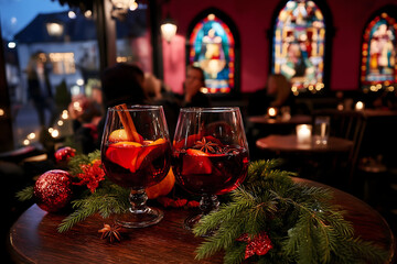Two glasses of mulled wine on a wooden table with Christmas decorations in a cozy bar.