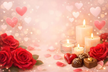 Romantic Valentine's Day arrangement with red roses, candles, and chocolate truffles.