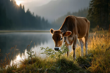 Scenic view of a cow grazing in a serene mountain valley.