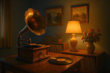 Vintage gramophone playing a vinyl record in a cozy, dimly lit room.