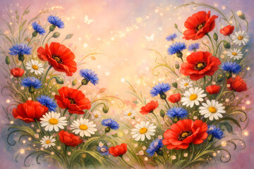 Dreamy watercolor illustration of poppies, cornflowers, and daisies with butterflies.