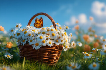 Monarch butterfly perched on a wicker basket filled with white daisies.