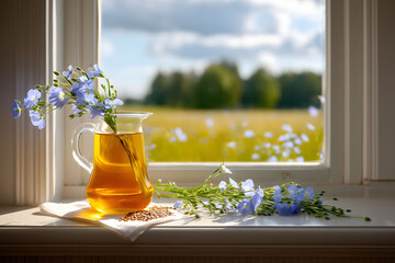 Flaxseed oil in a glass pitcher with blue flax flowers on a windowsill.