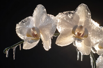 white frosted orchid flowers on a black background