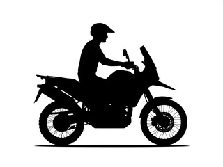 Fototapeta premium “Black silhouette of a motorcyclist riding an adventure motorcycle in profile, facing left, on a clean white background, graphic minimalist style.”
