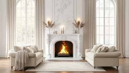 Fototapeta premium Fireplace crackles with warm light in cozy living room. Sofas draped with blankets invite relaxation. Candles glow, creating serene,